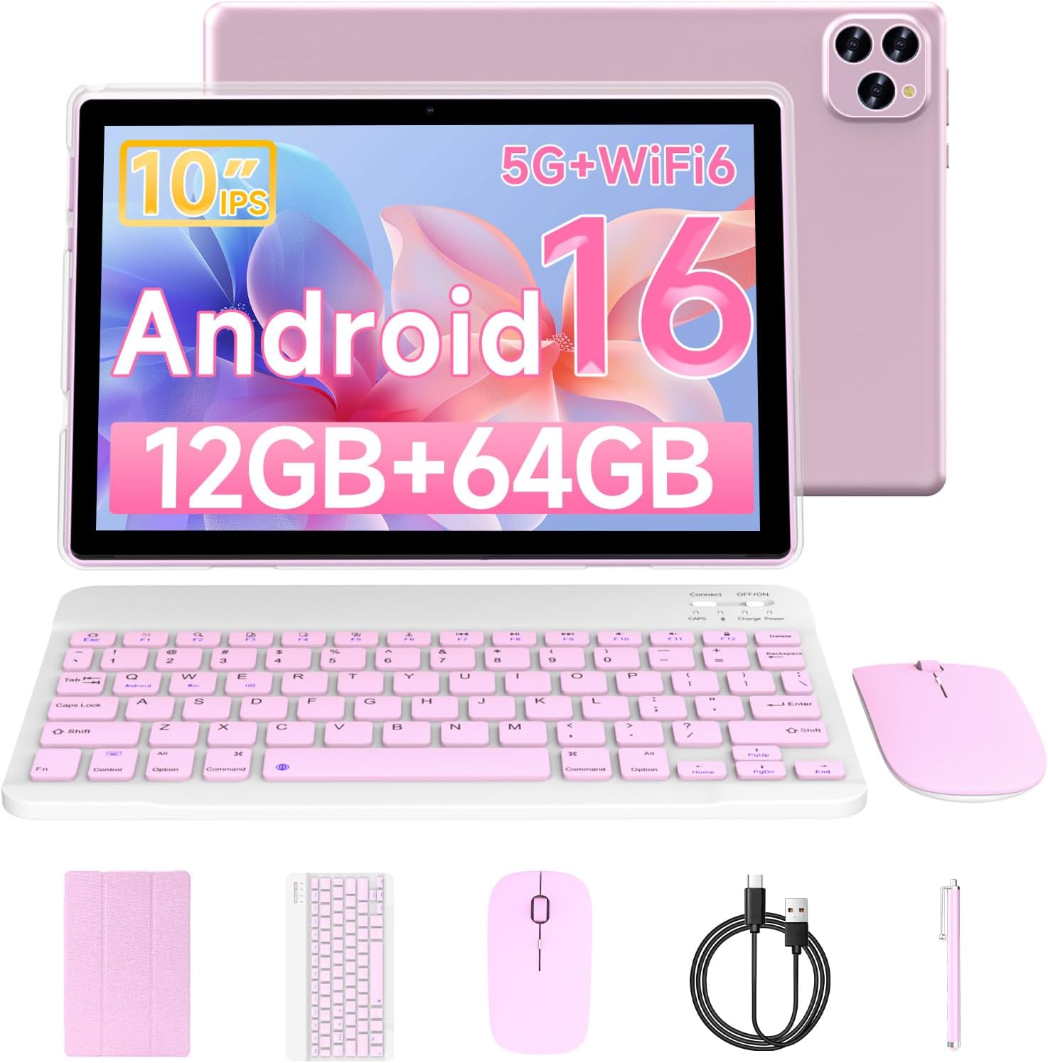 平板電腦 Android 16 10 吋 12GB RAM+64GB ROM/ 1TB 可擴展，1280 * 800 高清觸控屏，5G WiFi6 BT 5.0，2 合 1 Tab 附鍵盤盒滑鼠手寫筆 (粉紅色)