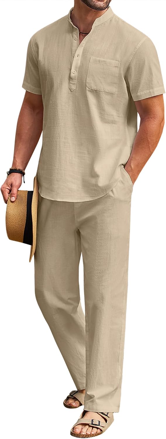 COOFANDY 男士 2 件棉麻套裝休閒短袖亨利衫沙灘瑜珈褲夏季服裝